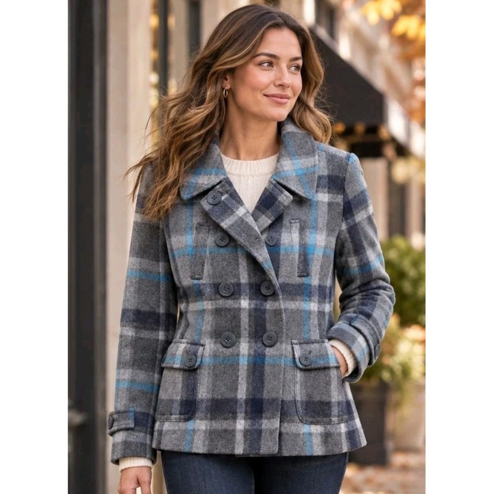 American Eagle Plaid Wool Blend Pea Coat Grey Teal Womens Medium Double Breasted
